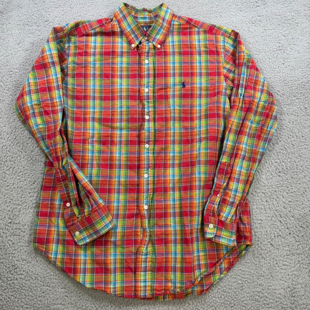 Ralph Lauren Classic Fit Plaid Button Down Shirt Mens Large Cotton Linen Multi